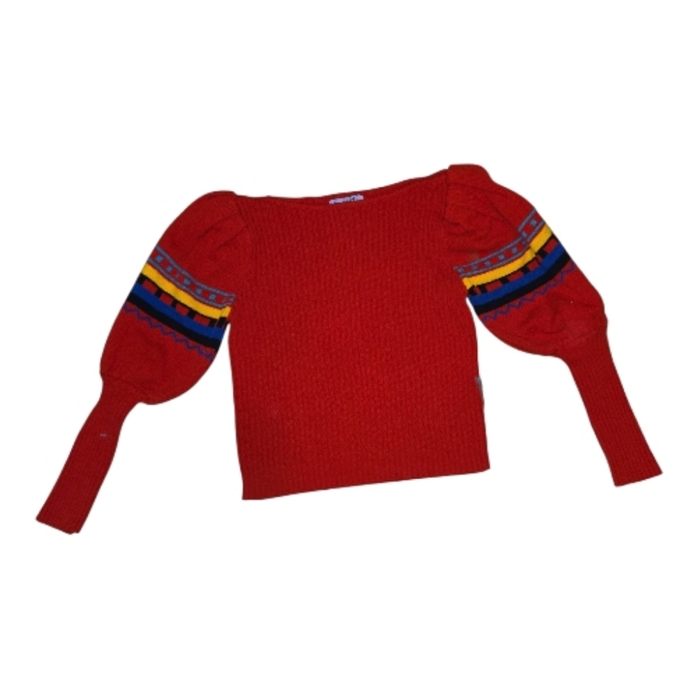 Vintage Red Sweater with Colorful Striped Bishop Sleeves Size M